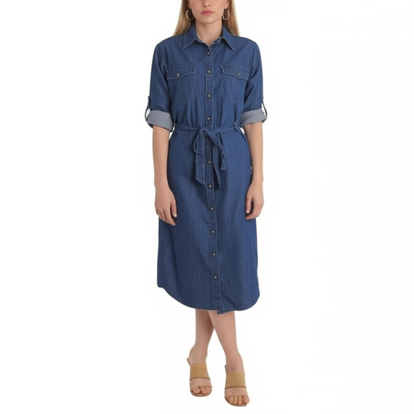 Denim Shirtdress Womens Medium Blue Juniors Midi Tie Waist Versatile Everyday - Picture 1 of 5